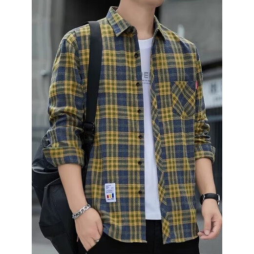 婉曼朵格子休闲衬衫男士春秋季长袖衬衣韩式上衣服复古宽松夏季薄款外套 12109绿色( 加绒 M  90-110斤