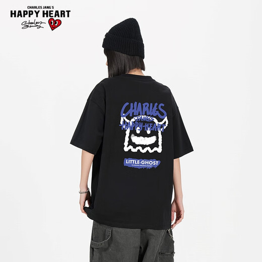 T-shirts Charles Peach Heart pour hommes et femmes, petit monstre imprimé en coton pur couple de bases de base à manches courtes, noir L