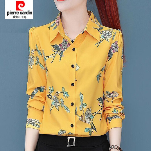 皮尔卡丹（pierre cardin）印花衬衫女长袖春秋装新款洋气雪纺衬衣中妈妈减龄百搭洋气上衣 LRJ 3519 大红 M (建议90-100斤)