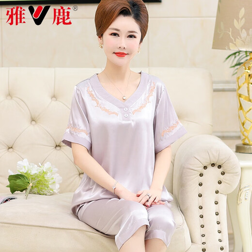Yalu Middle-aged Mother Thin Summer Middle-aged Women's Ice-Sensing Real Silk Short-Sleeved Pajamas Women's Home Clothing Set 688 Bean Paste (Cross Sleeve Trousers) L [80-Jin[Jin is Equal to 0.5 kg]]