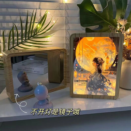 MPPMCK light painting can be customized with pictures, birthday gifts for girls, creative ornaments for girlfriends, best friends and classmates, night light mirror, never sleeps (wood grain frame), plug-in version, ordinary packaging