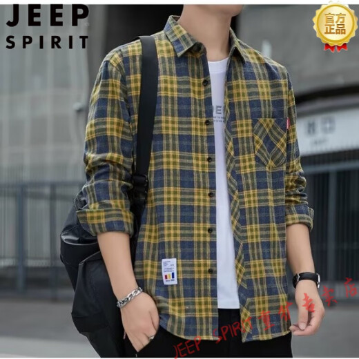 JEEP SPIRIT格子休闲衬衫男士春秋季长袖衬衣韩式上衣服复古宽松夏季常规款外 K12109蓝色( 加绒 XL 125-145斤