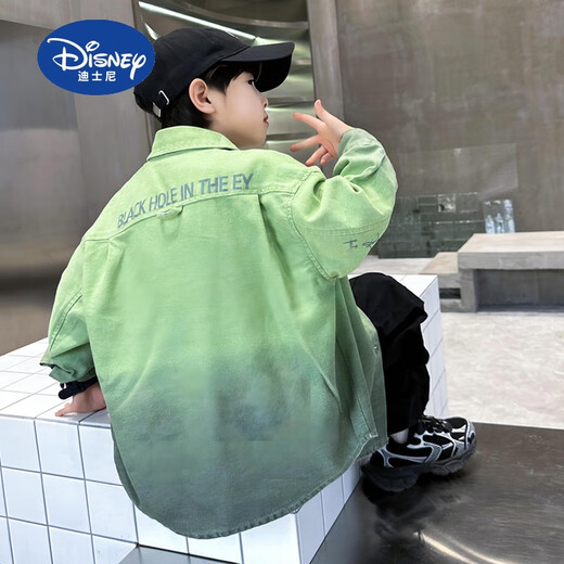 Disney boys gradient jacket spring and autumn 2025 new children's autumn shirt pure cotton medium and large children's shirt thin handsome green 140 cm