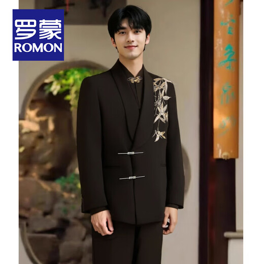 Romon (Romon) Neues chinesisches Männer-Verlobungsanzug Set chinesischer Stil Goldkragen Zhongshan-Anzug Gold Bambus gestickter Jungen Erwachsener Kleid Anzug neu