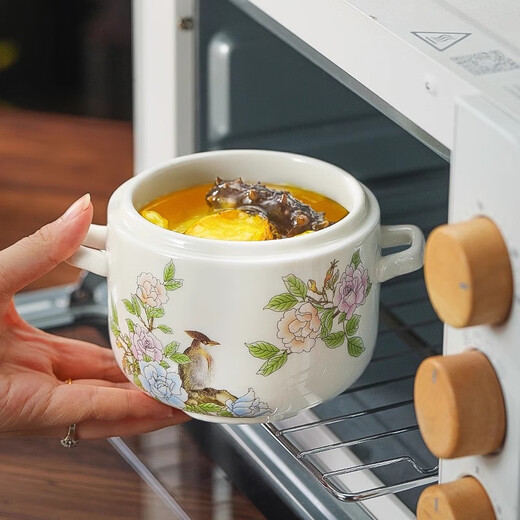 Lowe Jingdezhen bone china double-eared pure white bowl bird's nest and sea cucumber water-proof stew pot earthenware pot ceramic steamed egg bowl with lid for home use Qinse and Ming medium stew pot (550ml)