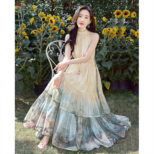 Silk Cypress House [gleiches Modell in Promi] A-Line-Halfterrock 2025 Sommer Neues Frauen-Fischgedruckte Kleid