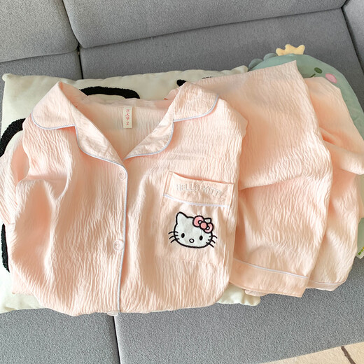 Cat Men Pyjamas pour les femmes au printemps et à l'automne Xinjiang Cotton Gauze Pantalons à manches longues 2025 Nouveaux vêtements de maison cardigan été 826 # Small Cherry # Long à manches + pantalon recommandé 100-120jin [Jin est égal à 0,5 kg] l