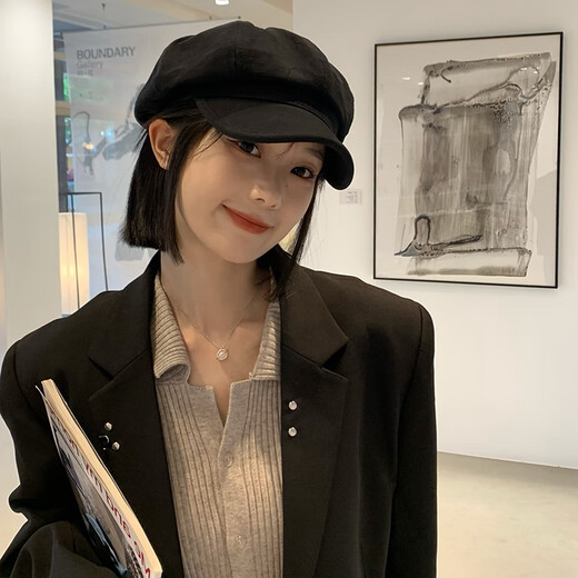 Meridian beret women's hat spring and autumn women's octagonal hat showing face small versatile painter's hat duck hat women's octagonal hat black uniform