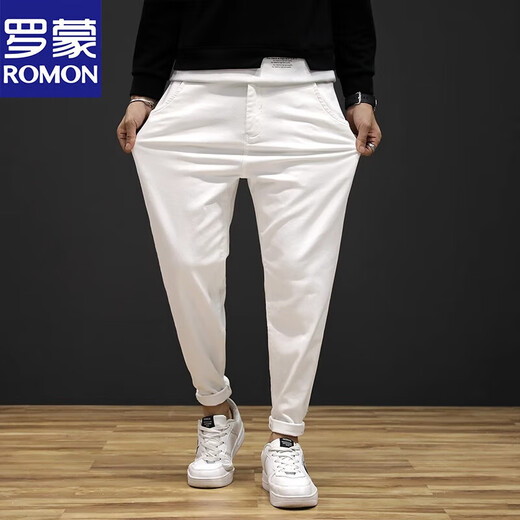 罗蒙（ROMON）春秋大码白色牛仔裤男潮牌宽松弹力长裤韩版潮流男裤哈伦休闲裤子 CJXX806白色 29 适合115斤左右