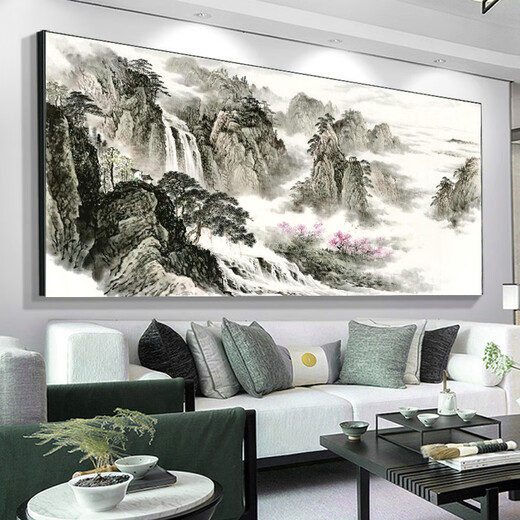 Sala de té pintura colgante de caligrafía china caligrafía y pintura oficina paisajismo paisaje pintura de tinta sala de estar mesa de té en fondo decoración de paredes ct-3887 [respaldado por la parte posterior] 210*90cm de largo [lienzo de aceite] marco de aleación de aluminio de oro de oro