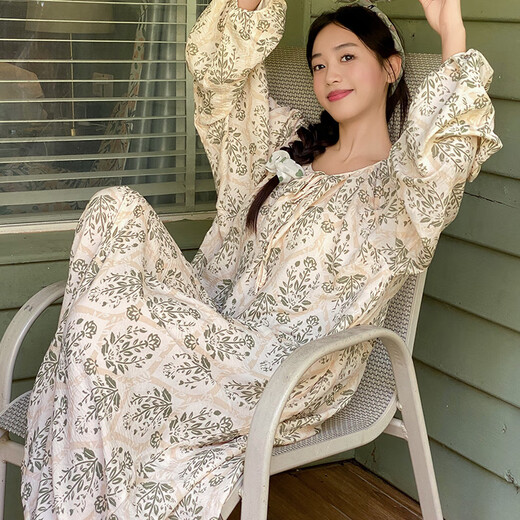 YIMENGTO伊门驼带胸垫睡裙女春春款2025年新款长袖连衣裙夏季甜美简约睡衣家居服 13063 小蓝花 M