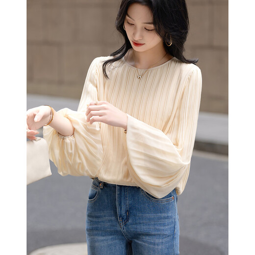 Demana Gentle Everyday Spring Cream Grainy Beaded Chiffon Shirt Lantern Sleeve Lady's Shirt Women's Top
