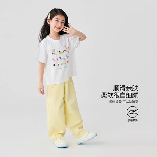 moonkids女童套装2025新款儿童夏季卡通短袖t恤两件套大童时髦夏装阔腿裤 19018白色短袖+15280嫩黄色 110 cm