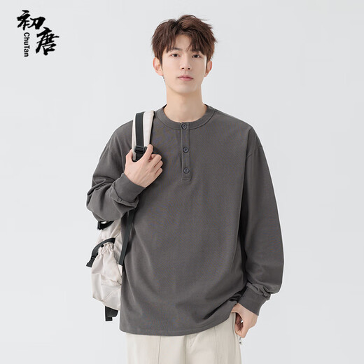 Early Tang heavyweight pure cotton long-sleeved T-shirt men's washed Henley round neck spring and autumn pullover clothes gray 2XL