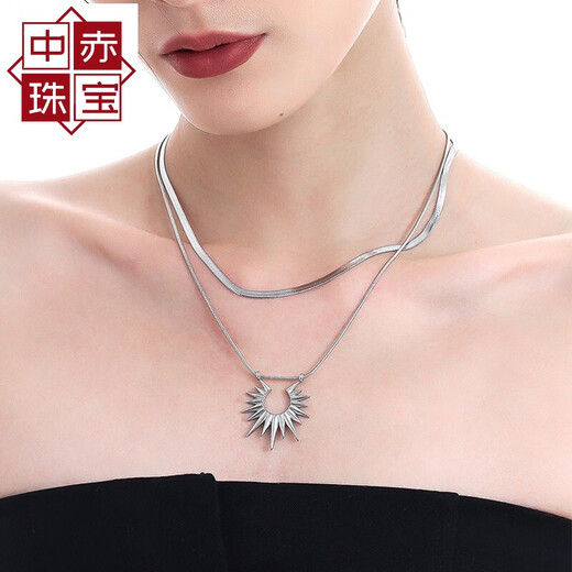 Medium Red Sun Pendant Titanium Steel Double Layer Necklace Women's Light Luxury Niche Sports Accessory 18k Gold Stacked Clavicle Chain Golden Sun Double Layer Snake Bone Chain