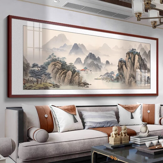 Linyu living room hanging painting landscape landscape painting new Chinese style sofa background wall decoration painting tea room office mural ink painting Xianshanfudi-F style 150*60cm teak color solid wood frame texture matte oil canvas style