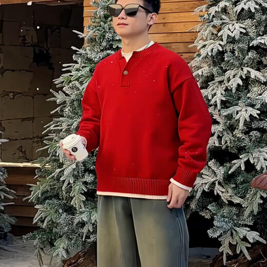 Siyou Zodiac Year Sweater Men's Autumn and Winter Design Lazy Henley Collar Sweater Men's Red Christmas Bottoming Shirt Red Fake Two-Piece Sweater XL (125-140Jin Jin is equal to 0.5kg)