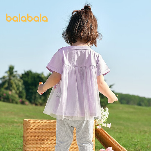 Balabala baby short-sleeved t-shirt baby girls top 2025 new summer dress sweet mesh stitching fashionable red tone 00366 100