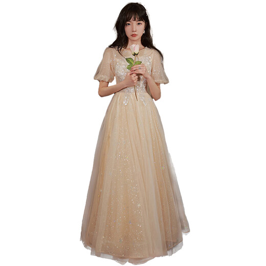 Zhufan music student art examination dress piano performance fairy evening girl vocal banquet adult ceremony dignified and elegant middle school student champagne color long sleeves mid-length zipper style S