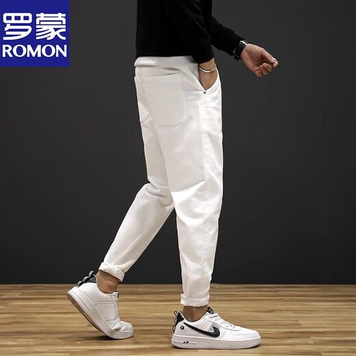 罗蒙（ROMON）春秋大码白色牛仔裤男潮牌宽松弹力长裤韩版潮流男裤哈伦休闲裤子 CJXX806白色 29 适合115斤左右