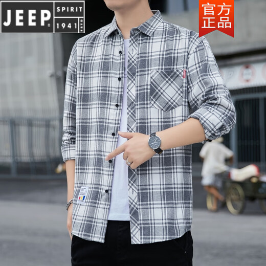 JEEP SPIRIT美式复古格子长袖衬衫男女春秋季2025新款宽松韩式工装衬衣外套潮 K12108白色 M