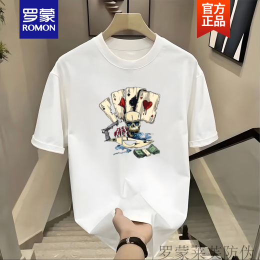 罗蒙（ROMON）男生短袖T恤潮流潮牌ins宽松百搭2025青少年纯棉体恤上衣夏季新品 黑色前大图【K983  骰子扑克 】 3XL 建议180-195斤