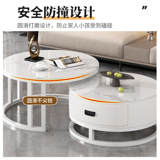 Bolatine all solid wood coffee table living room home slate light luxury tea table small apartment retractable round combination tea table high-end all solid wood black frame gray cabinet 70+50 snow mountain white