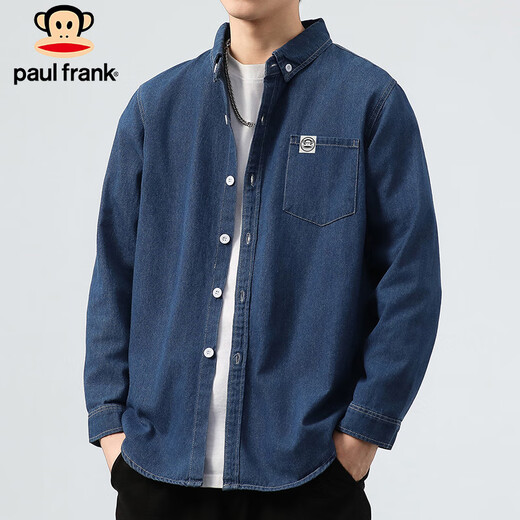 Paul Frank long-sleeved shirt men's spring and autumn casual denim shirt men's jacket men's trendy top men's dark blue XL