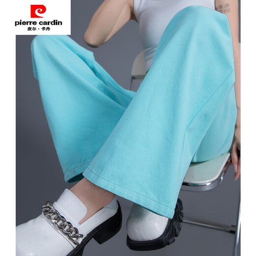 皮尔卡丹（pierre cardin）湖蓝色阔腿裤女2025年夏季薄款新款直筒宽松显瘦窄版拖地牛仔裤子 【湖蓝九分】LA9224 29 建议110-120斤