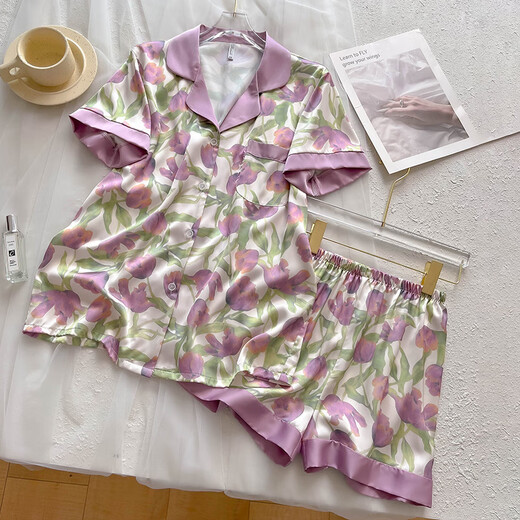 Xuan Mulin Tulip Pyjamas für Frauen im Sommer Dünneis Seiden kurzärmelige Damen große Heimkleidung SDX#9902 Grüne Tulpen kurzärmelige Shorts M 75-95jin [Jin gleich 0,5 kg]