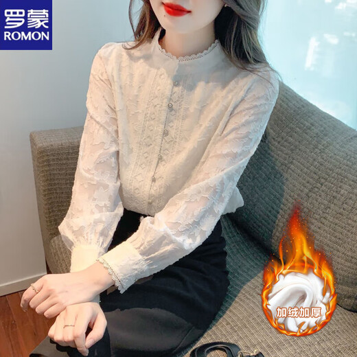 ROMON velvet thickened lace long-sleeved shirt women's base layer 2025 autumn and winter new style chic chiffon shirt stand collar white plus/velvet M