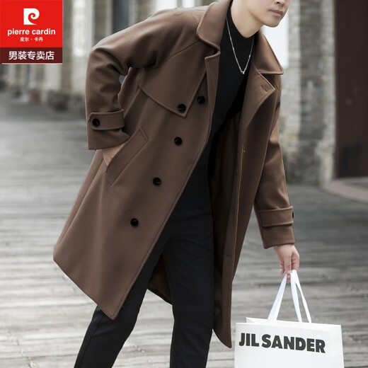 Pierre Cardin Autumn and Winter Korean Maillard Woolen Coat Men's Mid-Length Windbreaker Youth Thick Woolen Coat Brown XL