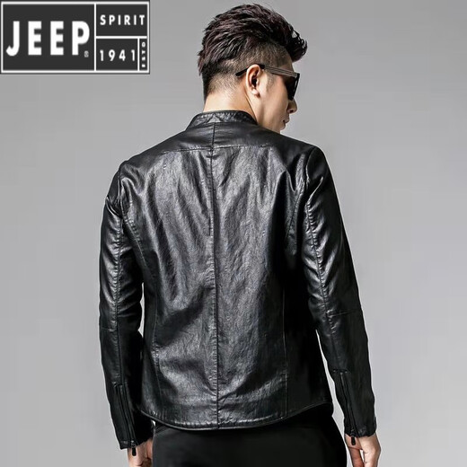 JEEP SPIRIT Jeep leather jacket men's trendy handsome slim fit spring, autumn and winter new thin velvet thickened leather jacket L 90-110Jin Jin equals 0.5kg 1985 model black thin.