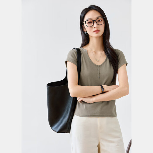梵希蔓纯色正肩U领短袖T恤女2025年夏季新款简约百搭修身显瘦上衣 M9731 灰绿色 XL