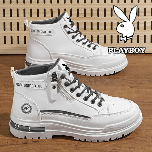 Playboy (Playboy) Zapatos para hombres High Top Otoño e Invierno Nuevo 2025 Casual Retro Retro espesa Altura que mejora los zapatos de cuero transpirable Botas de moda para hombres Martin White Grey 844 41