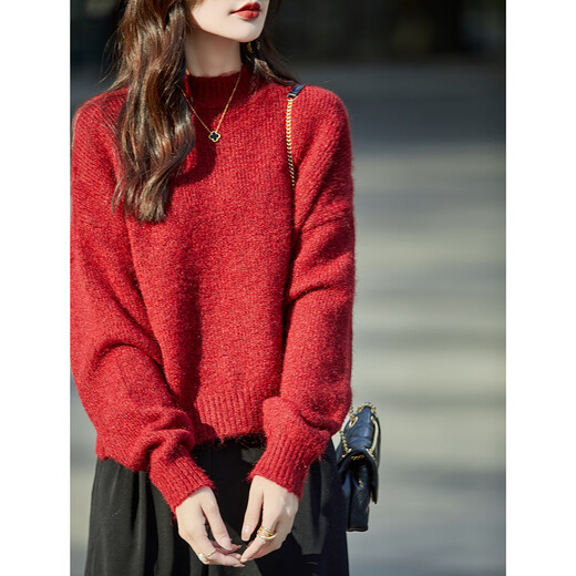 Demana sheep wool soft and waxy thickened sweater, lazy style red sweater, bright red M