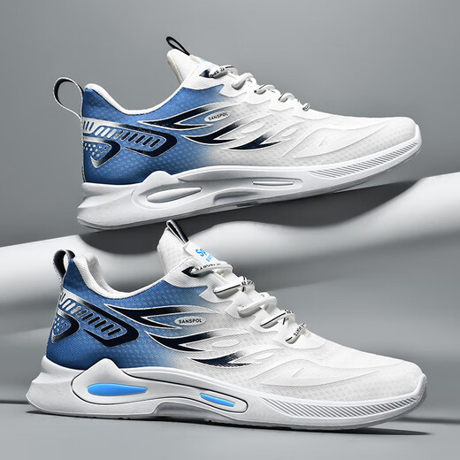 Sportschuhe Herrenschuhe Frühling und Sommer atmungsaktives weiches alleinige Netzschuhe Herren lässige Schuhe leichte schockabsorbierende Trendschuhe Männer Weiß und Blau K333 40