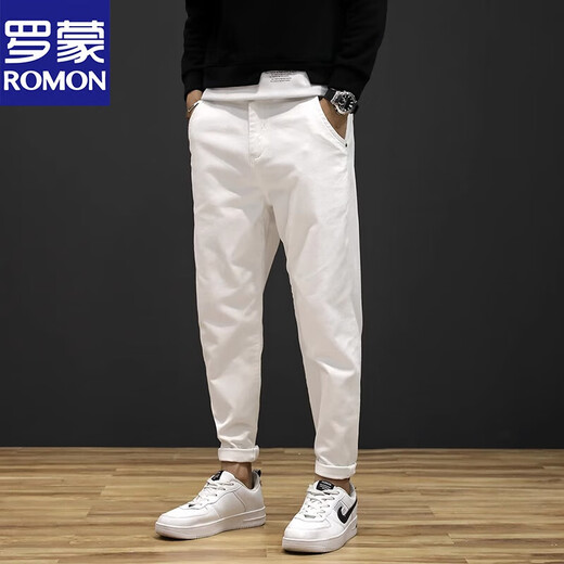 罗蒙（ROMON）春秋大码白色牛仔裤男潮牌宽松弹力长裤韩版潮流男裤哈伦休闲裤子 CJXX806白色 29 适合115斤左右