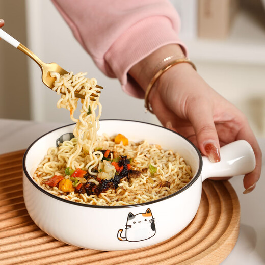 Fat Donglai's same style bowl with handle, ceramic instant noodle bowl with handle, student dormitory household, cute cat 2023 new model, handle bowl + lid - four cats