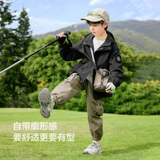 左西男童外套冲锋衣防水儿童户外服春装2025新款男孩上衣 黑色 160