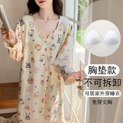 猫人春秋季天2025新款长袖卡通女士睡裙带胸垫一体大码睡衣孕妇家居服 16857 不带胸垫 (建议体重80-100斤) M