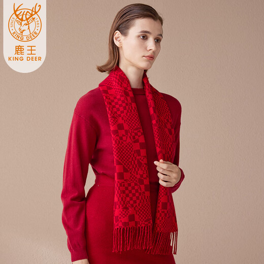 鹿王（KING DEER）100%羊绒围巾女秋冬季保暖女士围巾围脖礼盒装  大红深红
