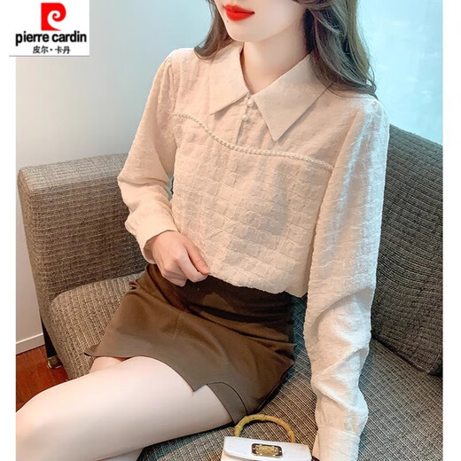 Pierre Cardin (pierre cardin) polo collar long-sleeved velvet shirt for women spring and autumn 2025 new spring French inner top bottoming shirt western style apricot color regular XL 120-135Jin Jin is equal to 0.5 kg