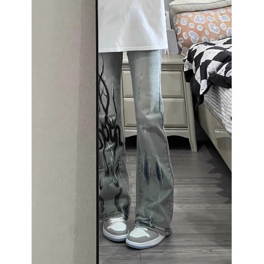 7 hochwertige amerikanische High Street-Waschen und alte Jeans-Flammdruckdesign Gerade schlanker Vibe Micro-Flare Hosen Trendy DDD-689# Gelbe Schlammfarbe 3xl