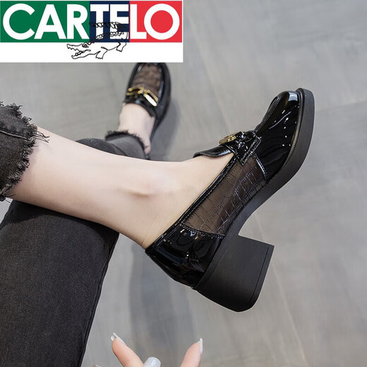 卡帝乐鳄鱼（CARTELO）真皮网面凉鞋女粗跟厚底2025年夏季镂空单鞋小皮鞋透气中跟乐福鞋 黑色升级版 37