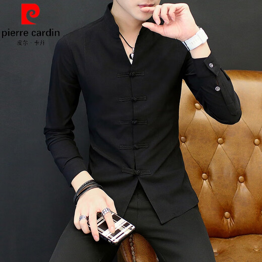 皮尔卡丹（pierre cardin）男士衬衫长袖春秋唐装盘扣中式立领外套中国风休闲衬衣高级感男装 白色9903拉链立领衬衫 M 【80-105斤】