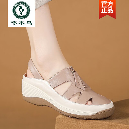 
Woodpecker 2025 summer new style sandals for women without tired feet and soft soles mother leather shoes genuine leather wedge women's shoes breathable shoes 688丨Bei white 36