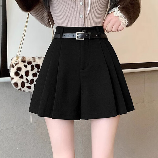 Hao'e black pleated woolen shorts for women in spring and autumn, versatile boot pants, high waisted, a-line, wide-leg casual pants, slimming, black without belt, L recommended 110-120 Jin Jin equals 0.5 kg