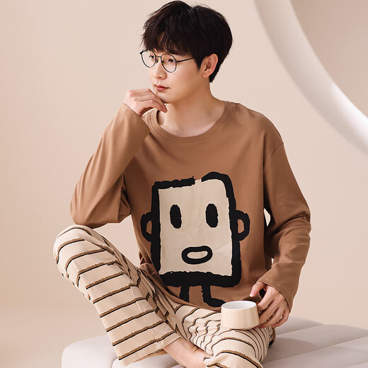 7 Sevfun Seven Color Spun Pajamas Men's Long Dloune Long Dlouns Blouns Spring и лето Всего хлопчатобумажного мультипликационного мультфильма Pure Cotton Home Clothing Set 673 Pure Cotton's Men's Single Cartover XL (предлагается 120-140JIN [Jin равняется 0,5 кг])))