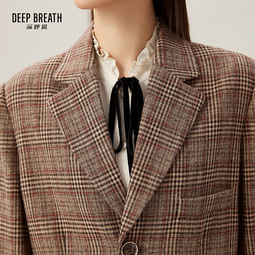 Take a deep breath DEEP BREATH women's commuting retro plaid loose suit jacket suit 8400071 khaki plaid S (2)
